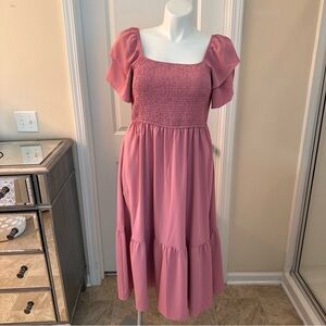 Midi dress. Rose colored dress. Size XL dress. Shirt sleeve dress.